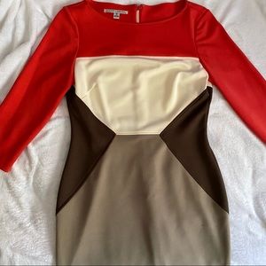 Maggy London 3/4 sleeve red brown and beige dress